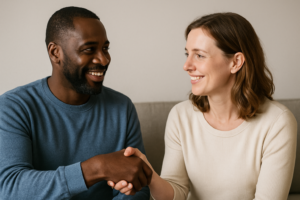 wo people—a Black man and a White woman—warmly shake hands and make eye contact on a light gray sofa, symbolizing the moment of “turning towards” a bid for connection.