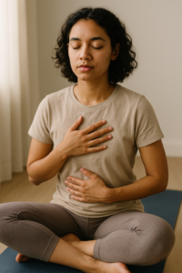 Person sitting cross-legged on a yoga mat with eyes closed and one hand on chest, one on abdomen, gently tuning into their body’s sensations, releasing trauma.