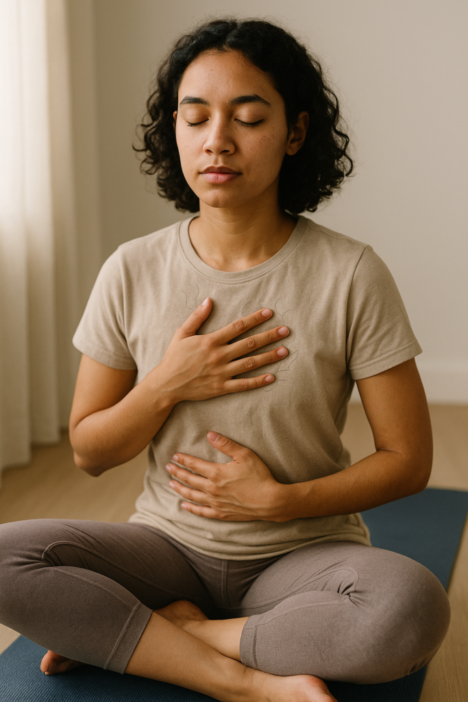 Person sitting cross-legged on a yoga mat with eyes closed and one hand on chest, one on abdomen, gently tuning into their body’s sensations, releasing trauma.