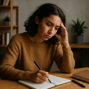A young woman with wavy hair sits at a wooden desk, pen in hand, thoughtfully writing in a notebook as she reflects on her inner dialogue.