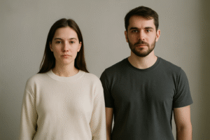 Two adult siblings standing side by side with neutral expressions, conveying emotional distance