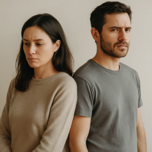 A woman and a man stand near each other without making eye contact, both with distant expressions—capturing the tension of conflicted adult siblings.