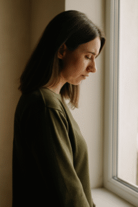 A light-skinned woman sits in quiet reflection, gazing out a window in soft natural light, symbolizing emotional distance and personal healing.