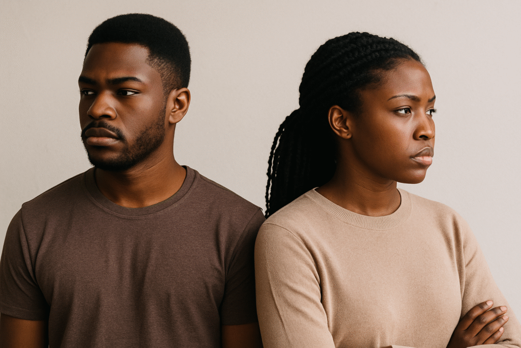 Two African American adults sit apart on a couch with serious expressions, symbolizing emotional distance and the difficulty of setting boundaries with a narcissistic sibling.