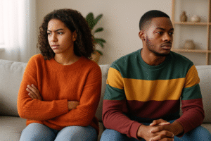 Two African American young adults stand side by side in colorful clothing, avoiding eye contact. Their expressions reflect distance and unresolved sibling conflict.